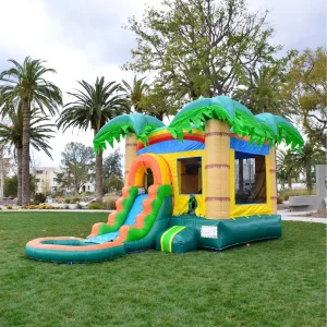 Vibrant Tropical Palm Tree Inflatable Bounce House Combo with Slide and Splash Pool Commercial Grade Bouncy Castle for Kids