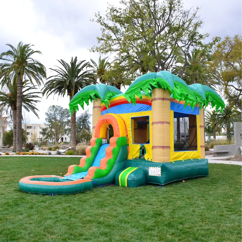Vibrante Tropische Palmboom Inflatable Springkasteel Combinatie met Glijbaan en Spetterbad Commerciële Kwaliteit Springkasteel voor Kinderen