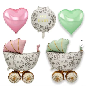 Vintage Floral Baby Carriage Foil Balloon Oh Baby Round Balloons for Baby Shower Gender Reveal Party Decorations