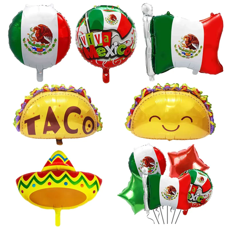 อุปกรณ์ตกแต่งงานปาร์ตี้ธีม Viva Mexico ลูกโป่งสีสันสดใสที่เป่าลมเอง ธงทาโก้ หมวกทรงกระเป๋า 5 ชิ้น ลูกโป่งฟอยล์