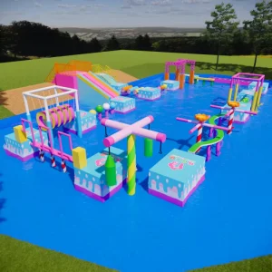 Curso de obstáculos acuáticos Water Challenge para adultos en parque acuático flotante
