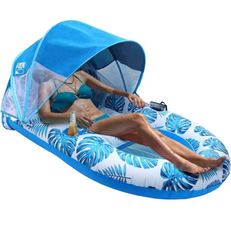 Cama Flutuante Inflável Dupla com Protetor Solar para Adultos, Material PVC, Modelo PSC, Recliner para Piscina ao Ar Livre