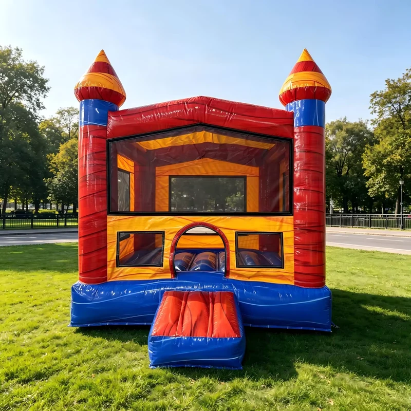 Maison gonflable avec tissu à motif de vagues d'eau, avec rampe d'entrée et fenêtres en maille pour location de fête d'anniversaire pour enfants