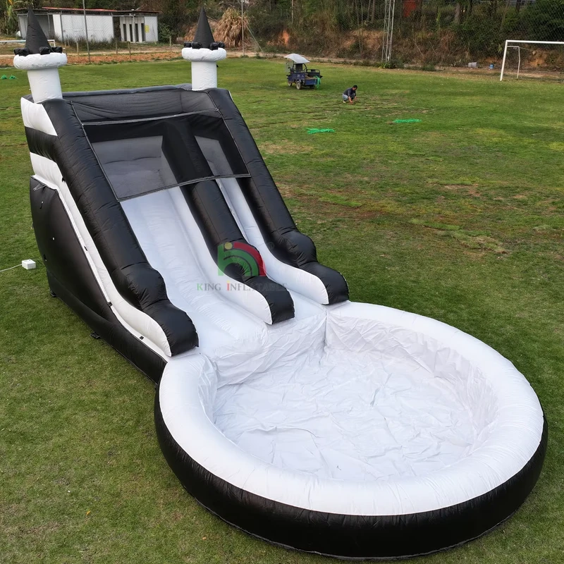 Tobogán de Agua Inflable Comercial en Blanco y Negro con Piscina
