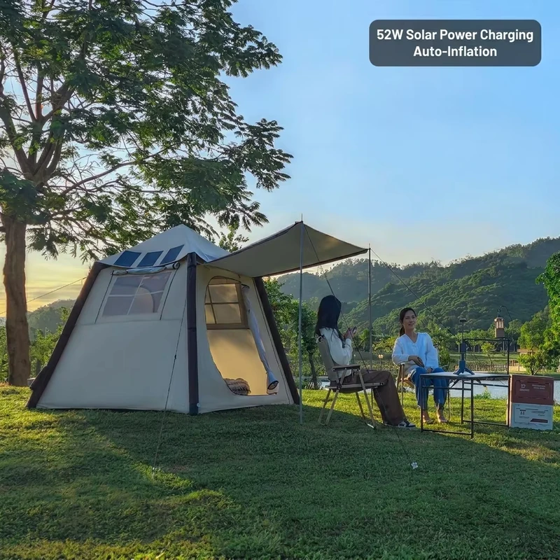 Tenda de Camping Inflável à Prova de Água com Painéis Solares de 52W, Montagem Fácil em 2 Minutos, Tenda de Ar BlowUp com Bomba Elétrica para Glamping