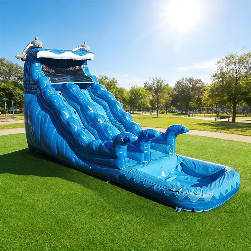 Toboganes inflables, delfín azul inflable, tobogán inflable para juegos acuáticos