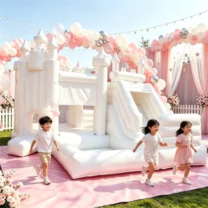 Rumah Lompatan Putih Pernikahan 3 dalam 1 Kastil Inflatable Dekoratif Kastil Lompatan Putih dengan Seluncuran & Kolam Bola untuk Pesta