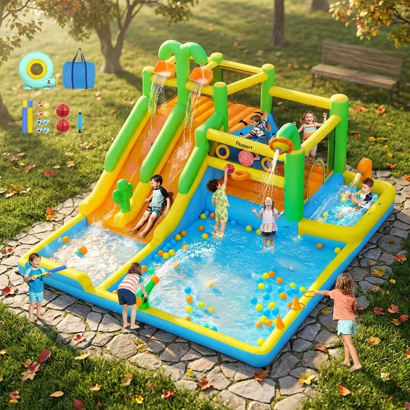 Nat Droog Bounce House opblaasbaar waterpark voor kinderen, gigantisch waterkasteel thema Oxford stof, eenvoudig op te zetten, 1-6 passagiers