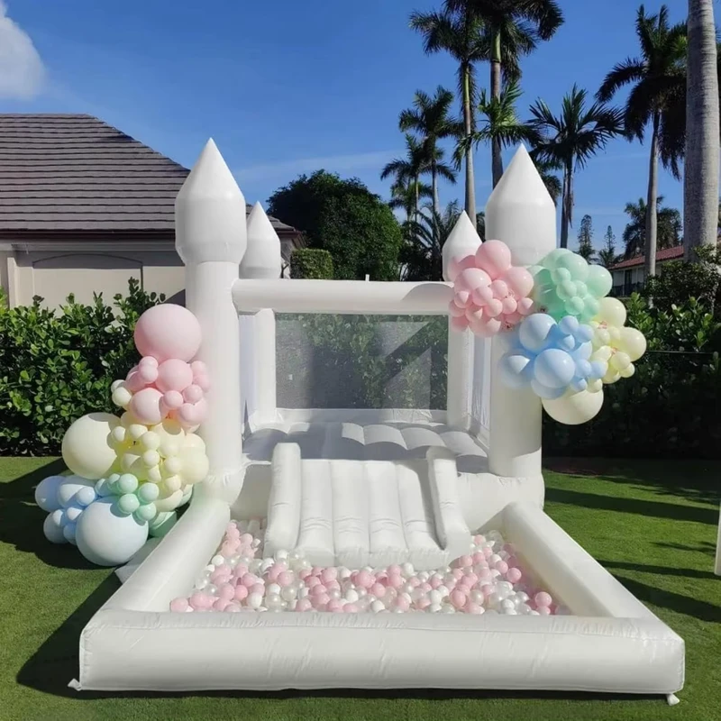 Seluncuran Kastil Bouncy Putih Inflatable Komersial untuk Pernikahan dan Pesta dengan Kolam Bola dan Seluncuran