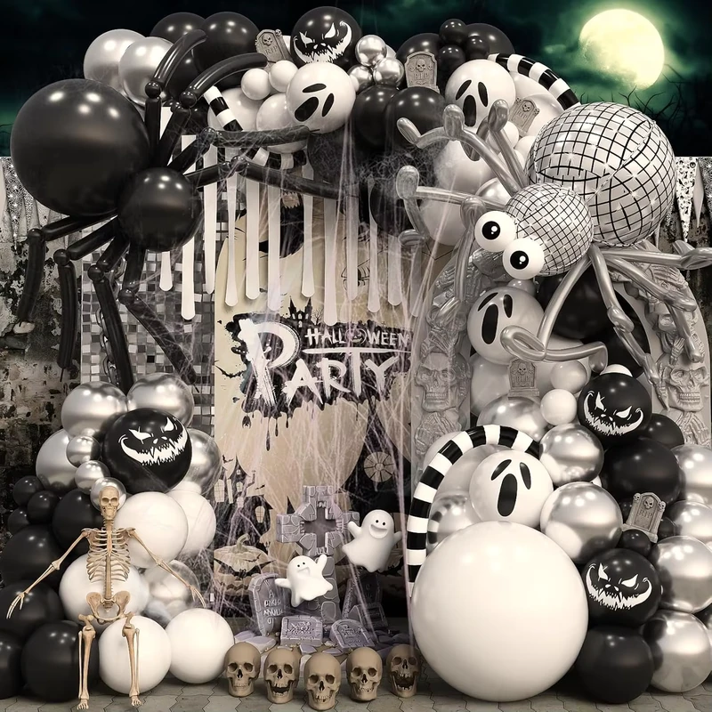 Kit de Arco de Globos de Halloween Blanco, DIY Araña, Disco Cromado Negro, Foil 4D, Decoración de Fiesta de Terror con Ojos de Fantasma