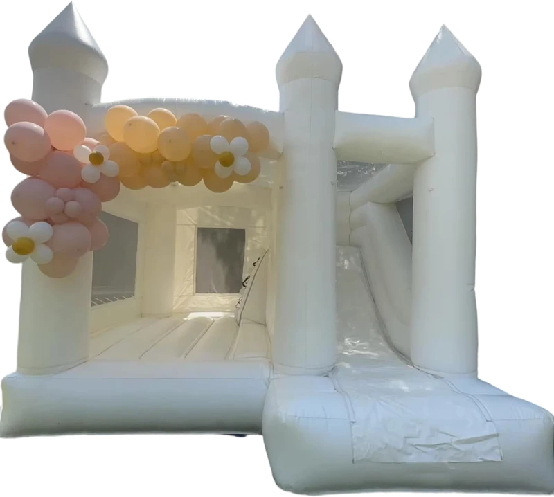 Weißes Indoor-Outdoor-Spielplatz-Luftschloss für Partymieten, Ballgrube, Pool, Hüpfhaus, Hochzeits-Hüpfgerät mit Rutsche