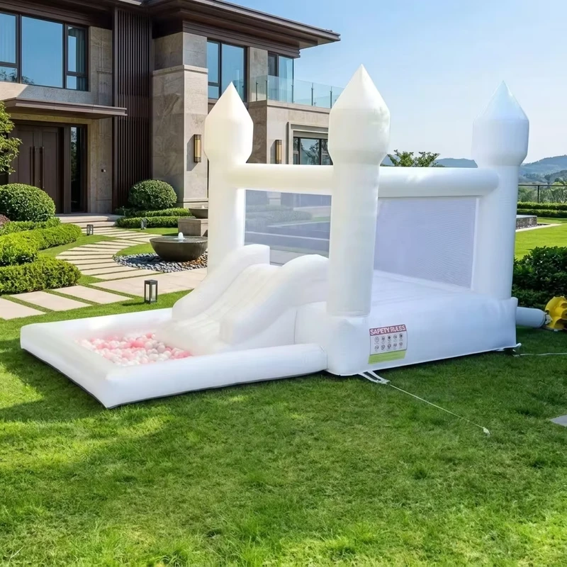 White Inflatable Bounce Balloon House with Ball Pit and Slide Castle Mini Jump House for Kid Adult with Air Blower