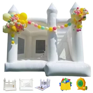 Castillo inflable blanco con tobogán, fácil de montar, uso en interiores y exteriores, decoración para bodas, venta directa de fábrica