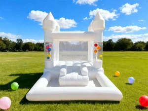 Castillo Inflable Blanco con Columnas de Bolas Transparentes, Castillo Inflable de Grado Comercial para Cumpleaños, Bodas y Eventos, Alquiler de Negocios