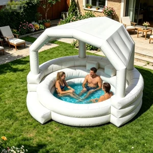 White Inflatable Swimming Pool with Ceiling Inflatable Lounge Pool with Built in Seats for Backyard Family Water Play Swimming
