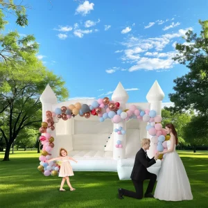 Castillo Inflable de Boda Blanco de Grado Comercial con Combo de Tobogán, 4x3.6x3.3m, Capacidad de 1200 lb, 8-10 Niños