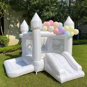 Casa de Rebote Inflable Blanca para Bodas con Ventilador, Casa de Salto con Tobogán para Fiestas de Niños, Bodas, Castillo Familiar