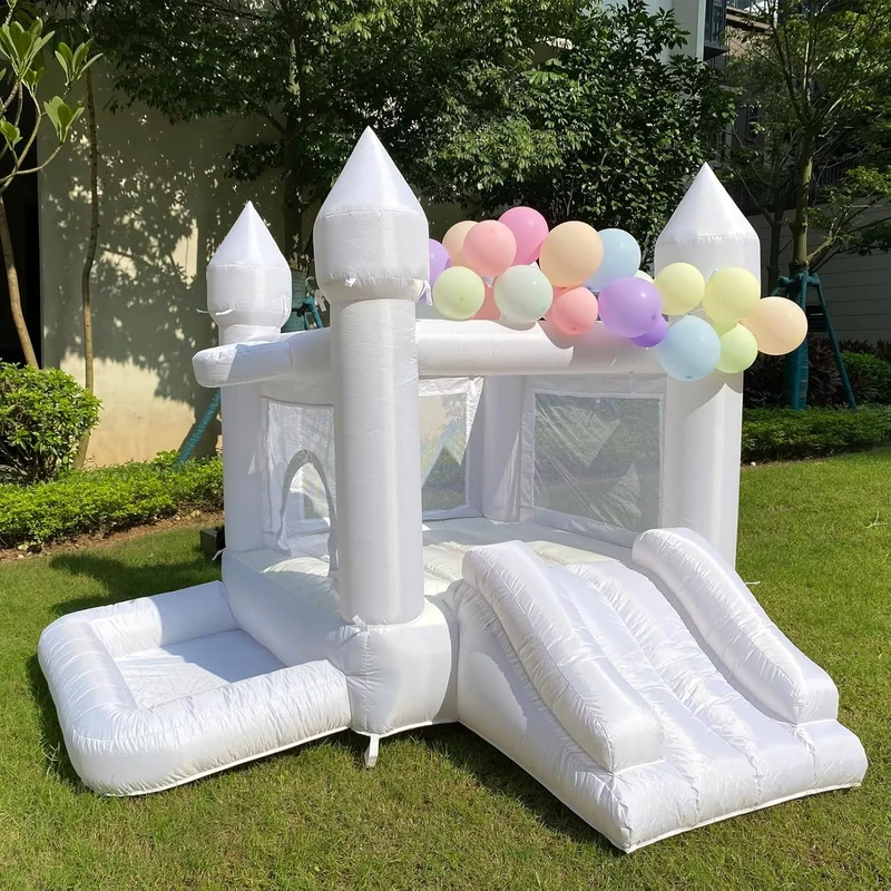 Casa de Saltar Inflável Branca para Casamentos com Ventoinha Casa de Saltar com Escorrega para Festa de Crianças Casamento Castelo Familiar