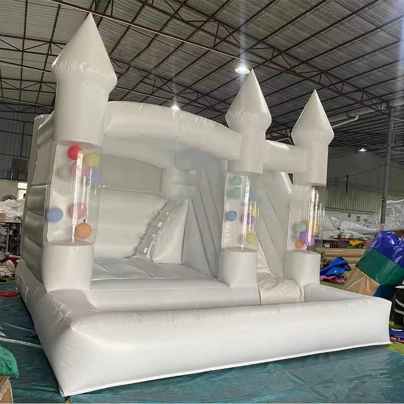 Castillo Inflable de Boda Blanco con Trampolín y Área de Pelotas, Material de PVC, Ligero, Garantía de 2 Años