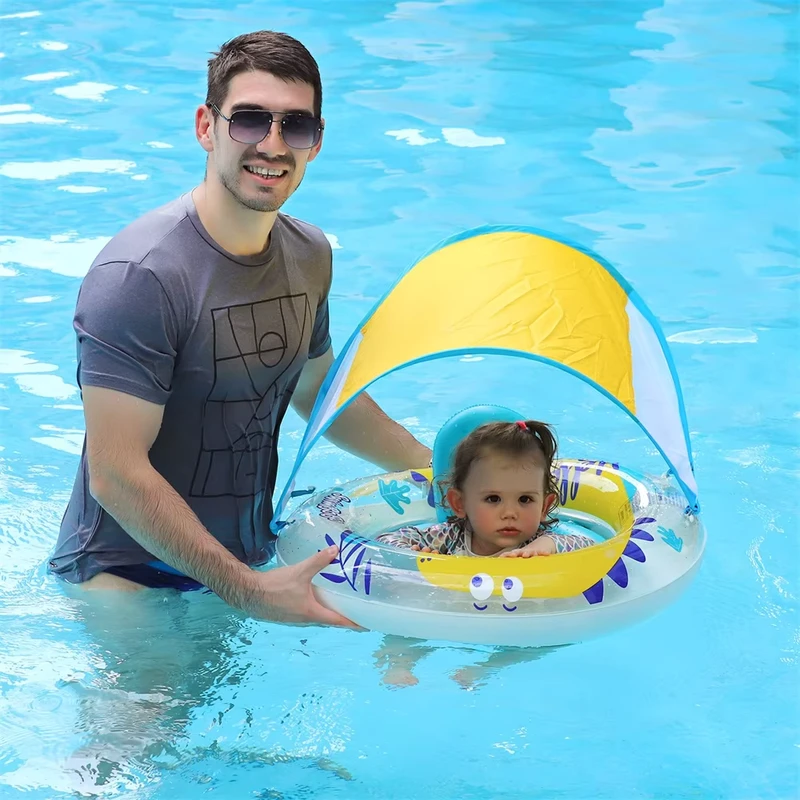 Barco flotante de agua para bebés con forma de dinosaurio inflable y asiento, anillos de natación para piscina con toldo